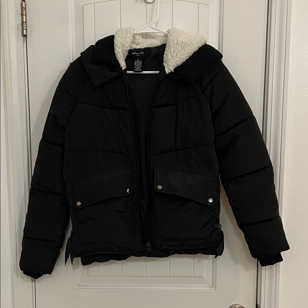 🍀Anna Cai small Black Puffer Jacket with Shearling Collar
